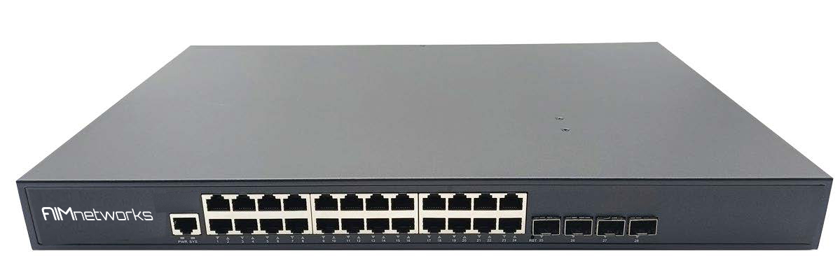 AIMnetworks 24GbE4SFP+, Vorderseite mit 24 Gigabit-Ports und 4 SFP+ Ports